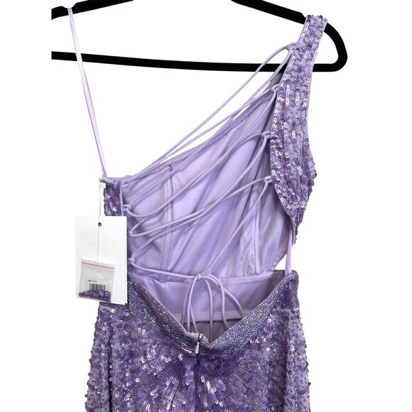 Mac Duggal Purple Sequined One Shoulder Lace Up Gown Dress Sz 0 NWT - Picture 6 of 8